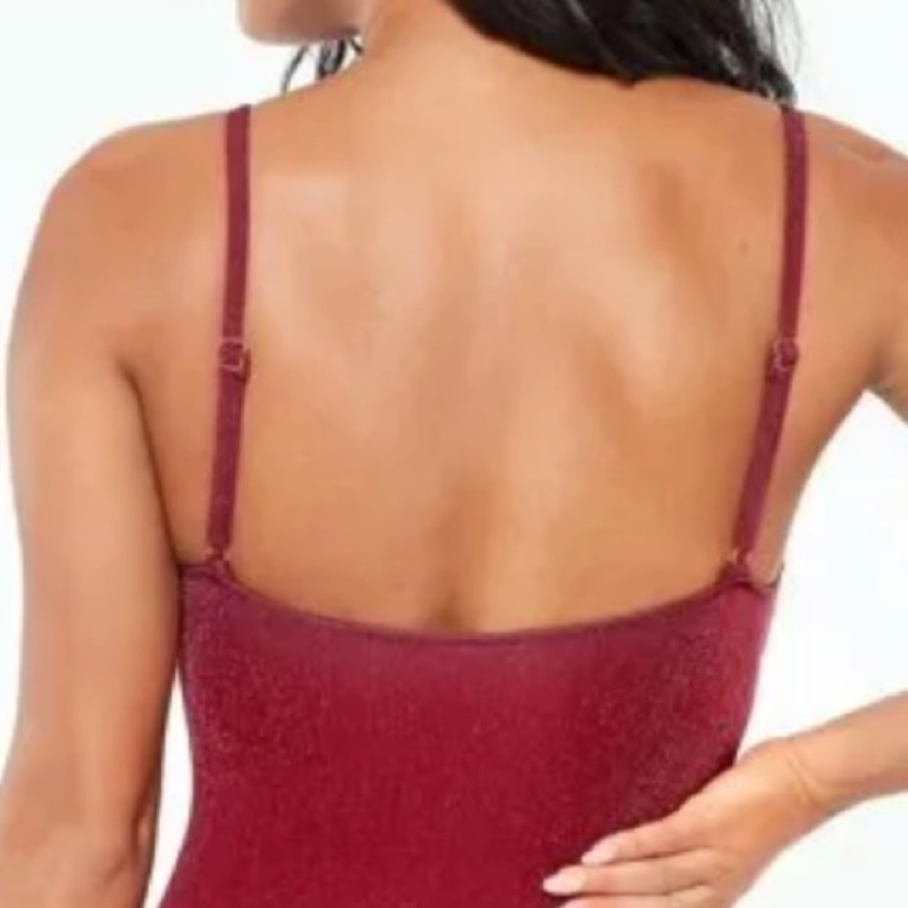 Bar III BLACKBERRY Shimmer Strappy-Leg One-Piece Swimsuit - Picture 6 of 11